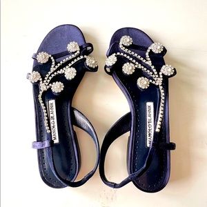 MANOLO BLAHNIK BLUE SUEDE RHINESTONE FLAT SANDALS
